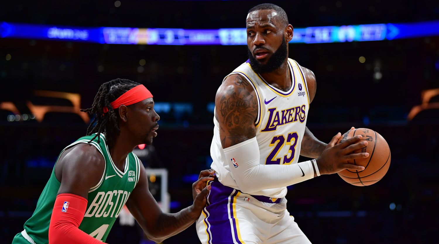 Los Angeles Lakers forward LeBron James and Boston Celtics guard Jrue Holiday.